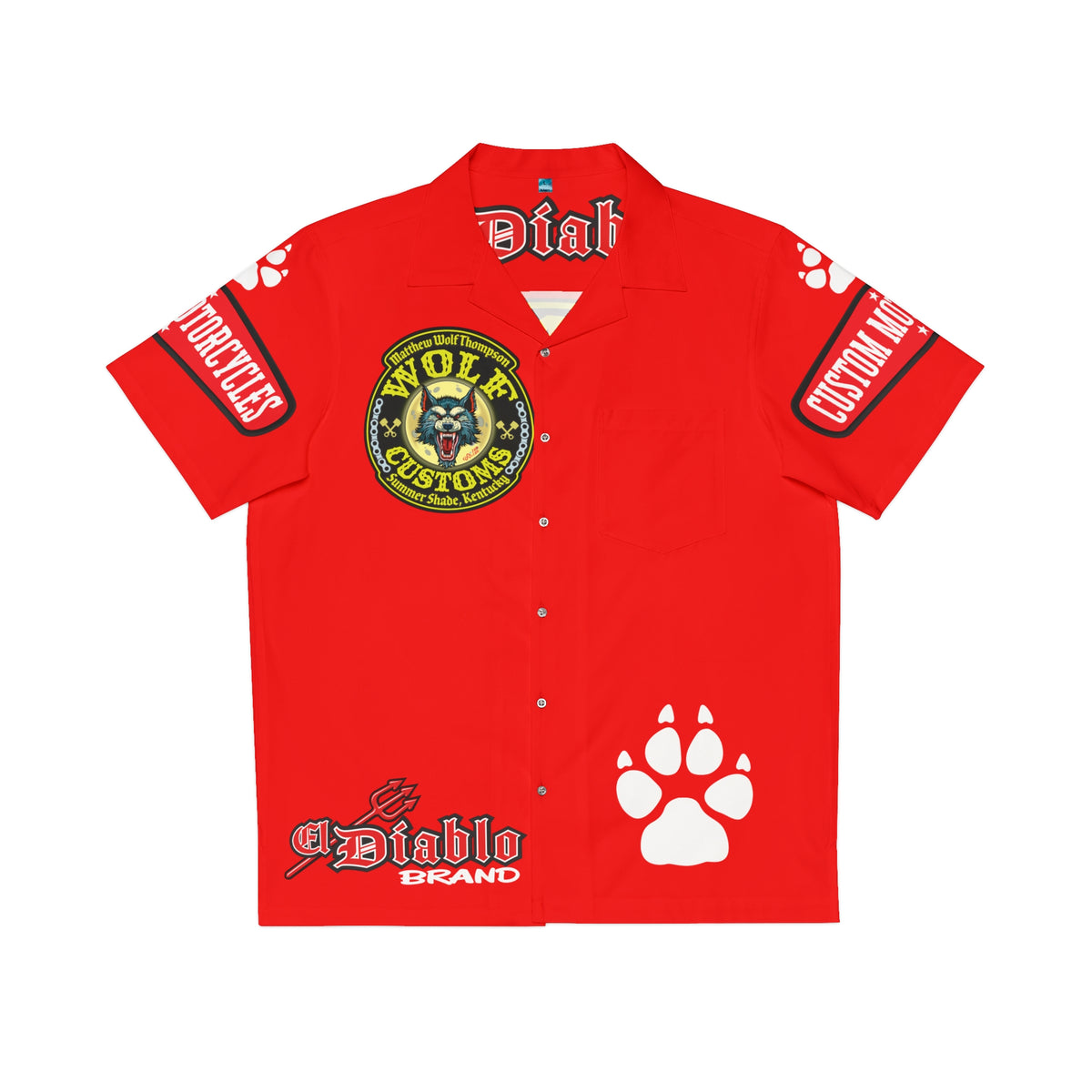 Big Bopper MWT Wolf Customs Motorcycle Hawaiian Shirt - Red "El Diablo" AOP
