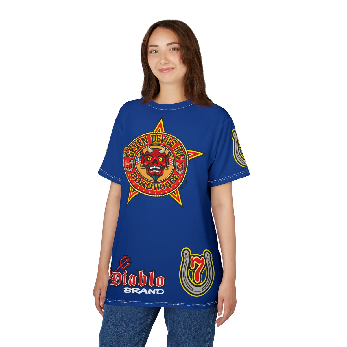 Seven Devils Inc. Roadhouse Electric Blue HiViz Design Super Tee, Edgy Biker Shirt, Special Motorcycle Riding Gear, Seven Devils Inc.