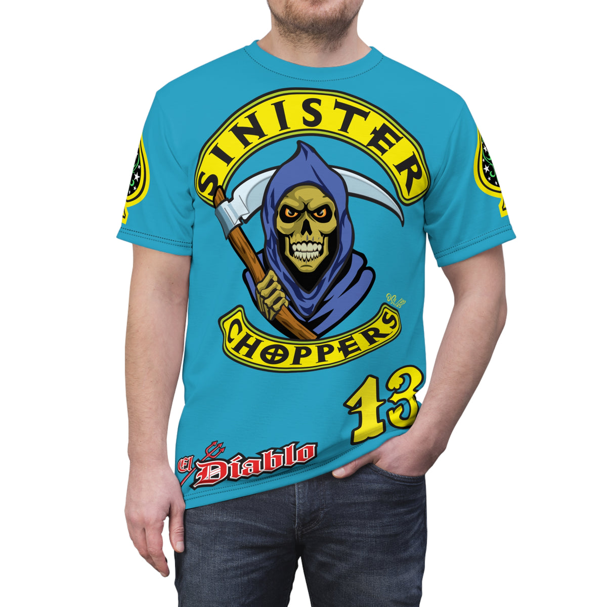 Sinister Choppers Customs - Electric Blue HiViZ Motorcycle Reaper Super Tee - High Performance Riding Wear
