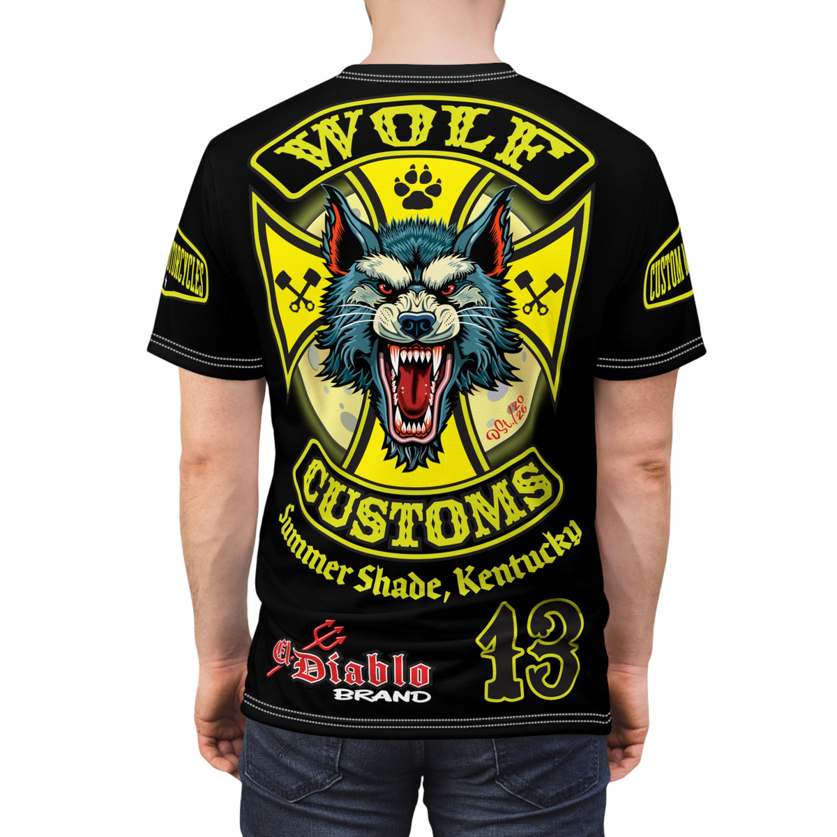 SRT MWT Wolf Customs 13 Black with HiViZ Lumina Graphics -- Super Riding Tee — Retro Motorcycle Club Shirt, The Best Biker Riding Tee EVER !!!