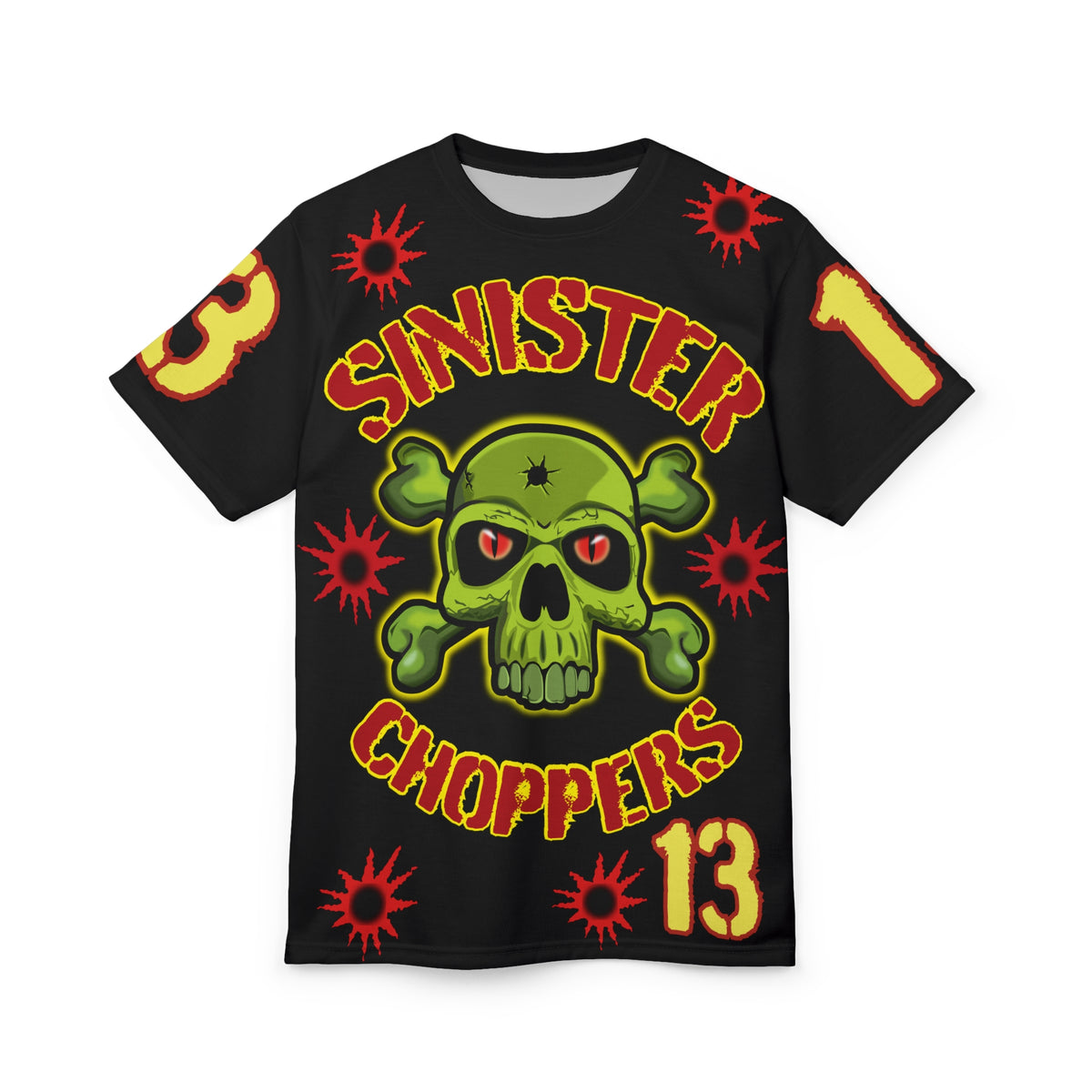 Sinister Choppers Special Edition WAR CUT - HiViZ Super Tee - Black Only - Bullet Hits - Stencil Cut Lettering - Hi colour Graphics - Evil Skulls