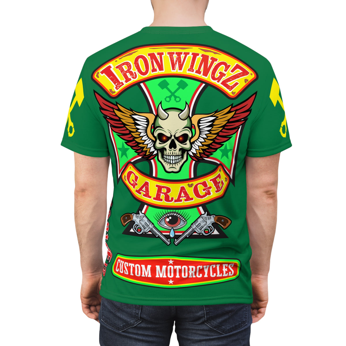 Iron Wingz Garage HiViz Tee, Vuntage Graphic Logo, Rockabilly Style Shirt for Bikers
