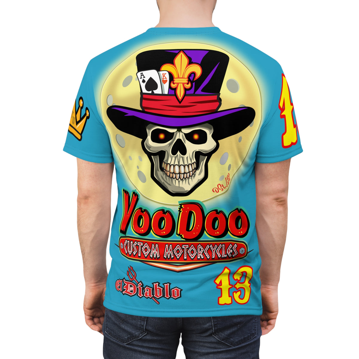 VooDoo Custom Motorcycles Electric Blue HiViz Graphics Biker Tee