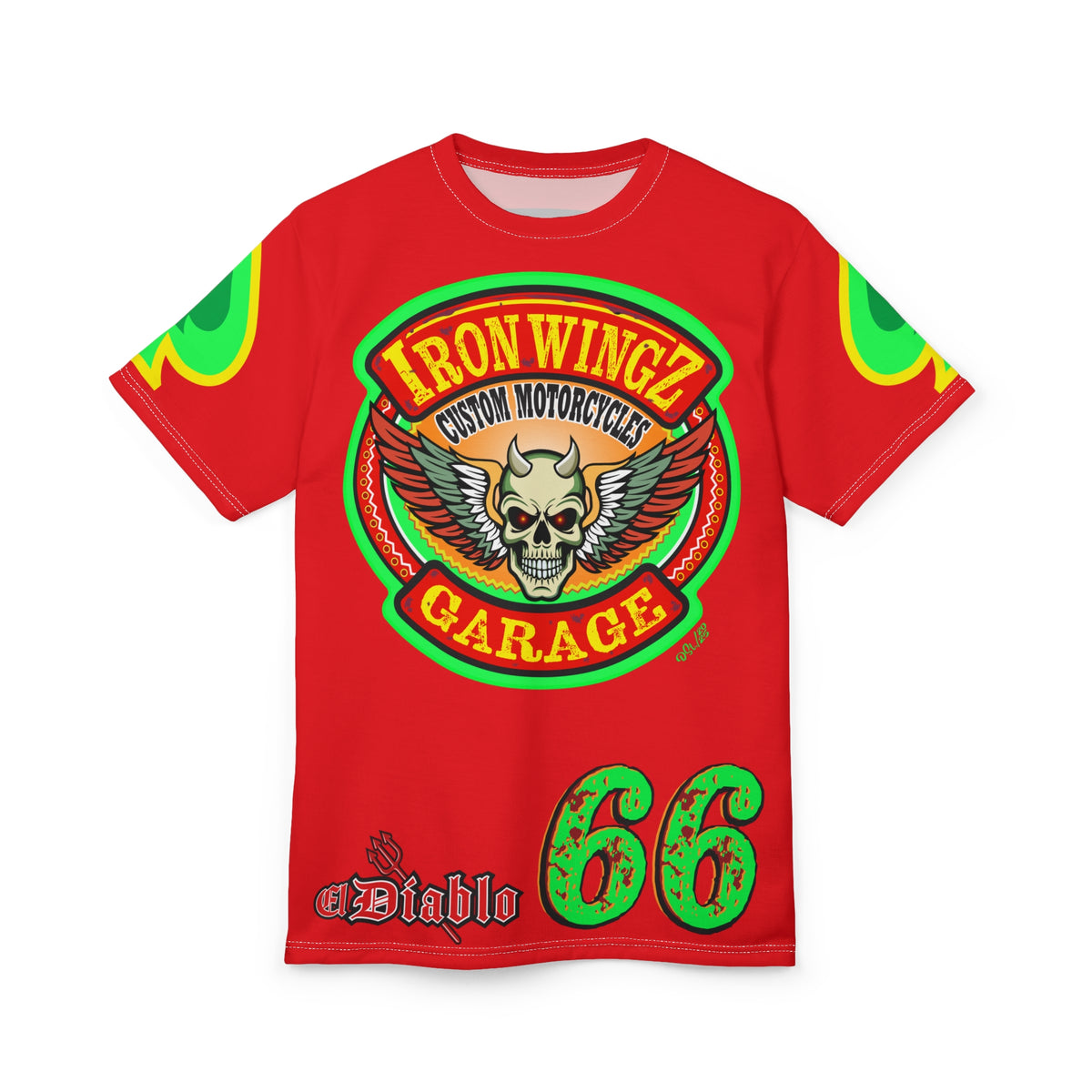 Iron Wingz Custom Motorcycle Skull Super Tee - Badazz Harley Riding HiViz Tee