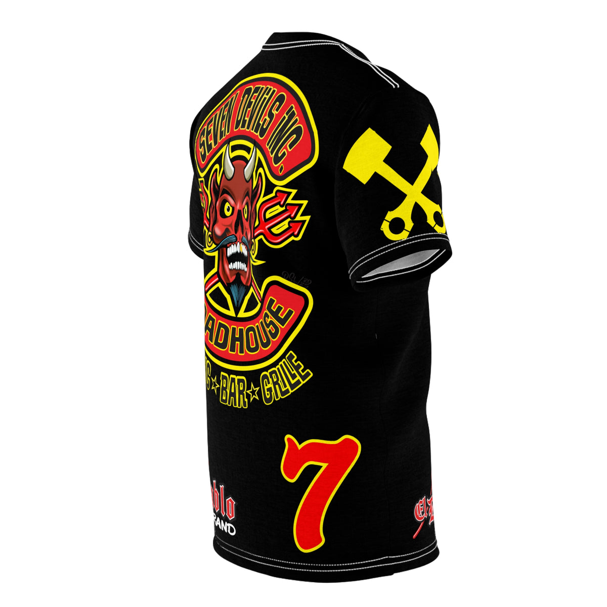 SRT Seven Devils RoadHouse Custom Biker Riding Super Tee - Retro Devil Western Style Graphic Style