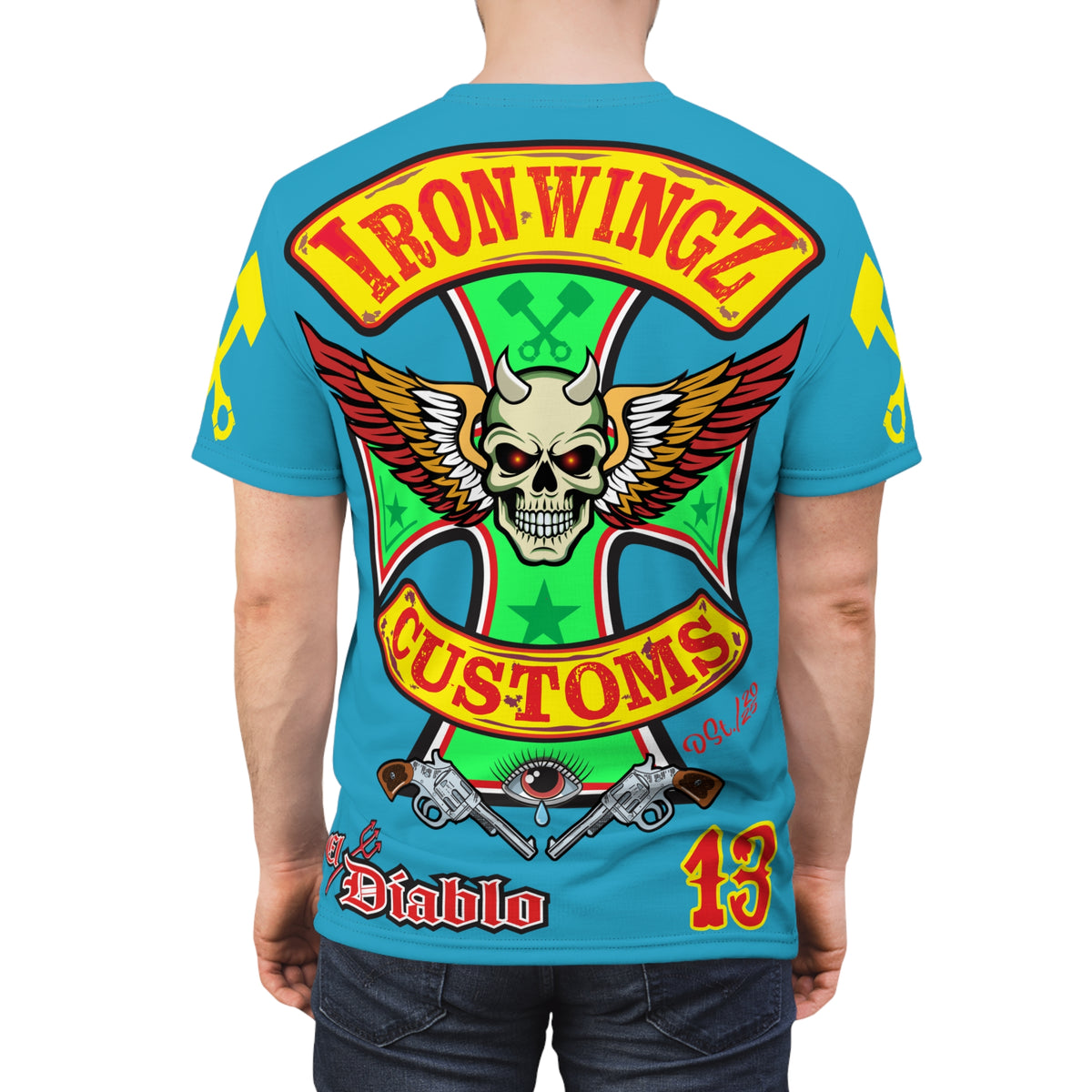 Iron WingZ Customs Electric Blue HIviz Graphic Super Tee, Edgy Streetwear, Customized Apparel, Gift for Bikers