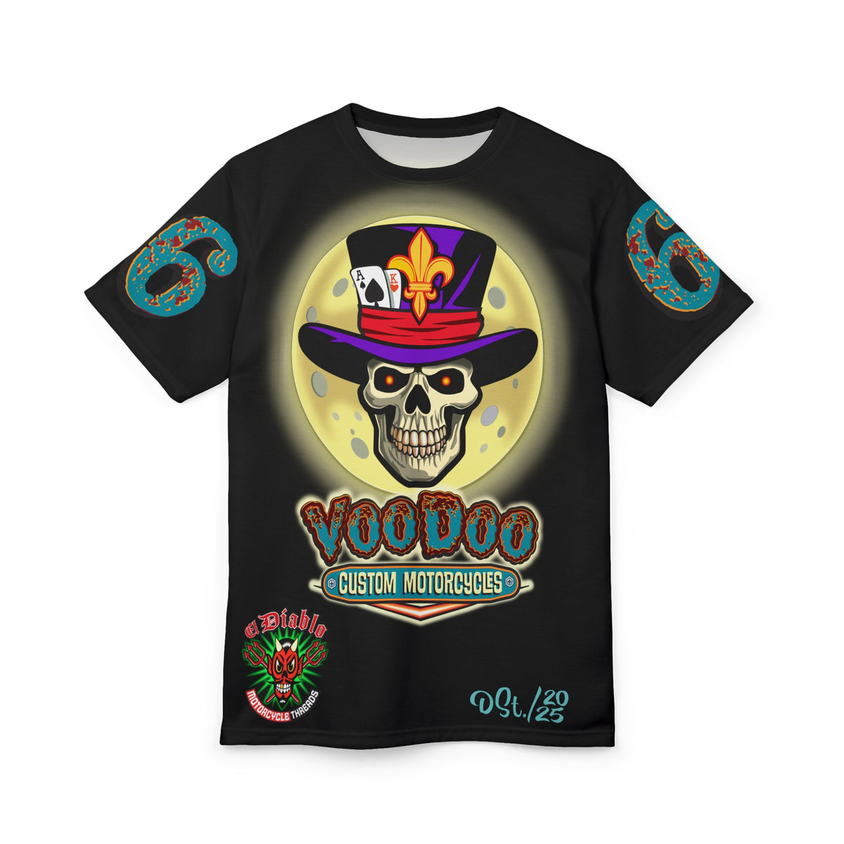 Voodoo Custom Motorcycles Ragin' Cajun Super Tee - Edgy Skull Design for Motorcycle Enthusiasts