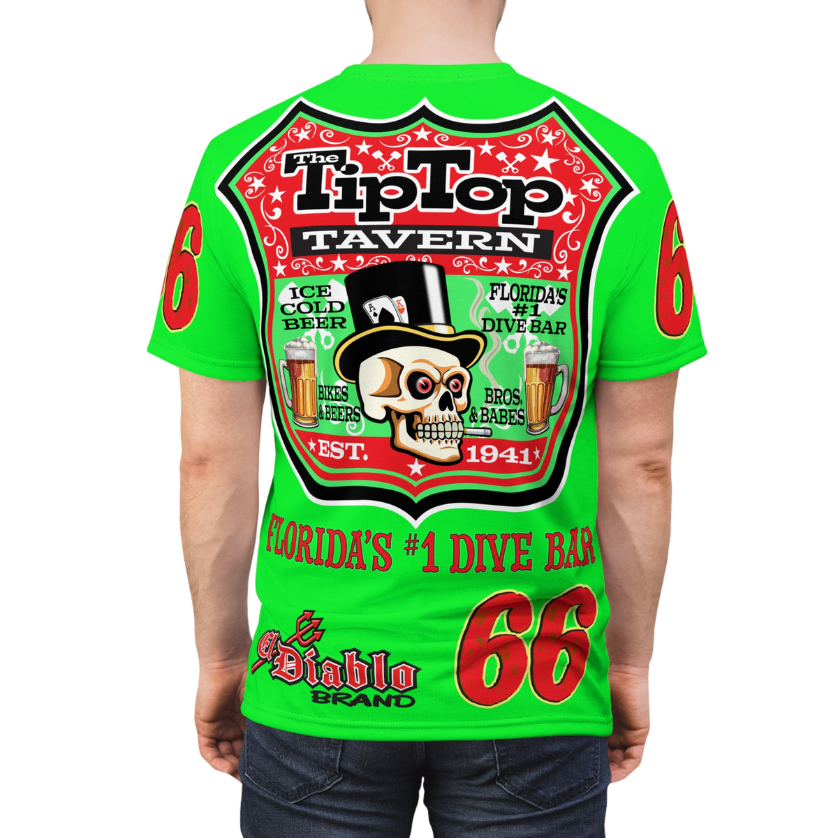 VERY SPECIAL Tip Top Tavern Dive Bar -HiViZ Lumina Green Super Riding Tee (*Limited Edition) - Florida's Best Dive Bar, Bikes Beers Babes & Bros. - Honouring Biker Bars