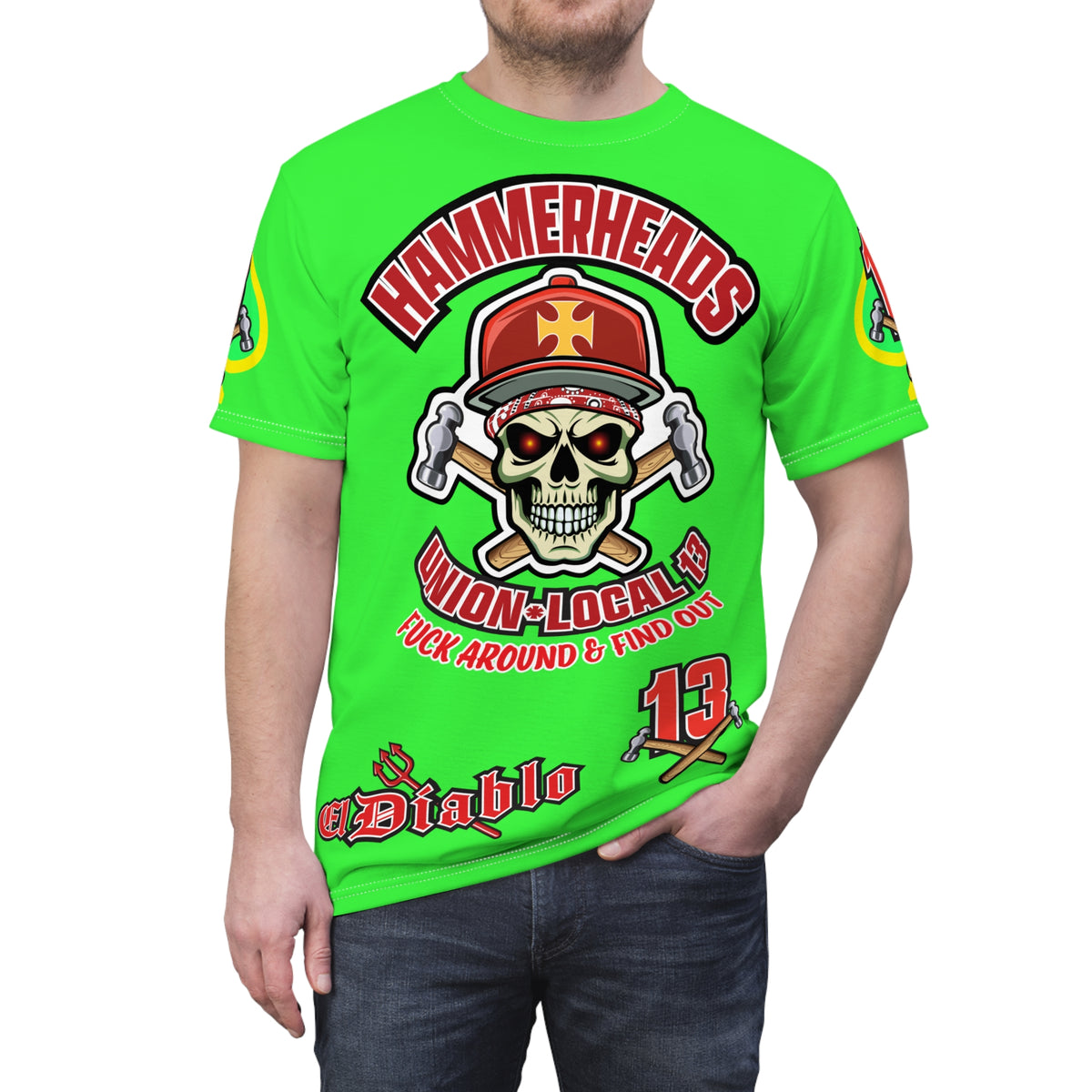 Very Special Hammerheads Union Local 13 - GIANT GRAPHICS !!!!!! - Custom HiViz Motorcycle Riding Tee Shirt _ Super Comfort and Fit