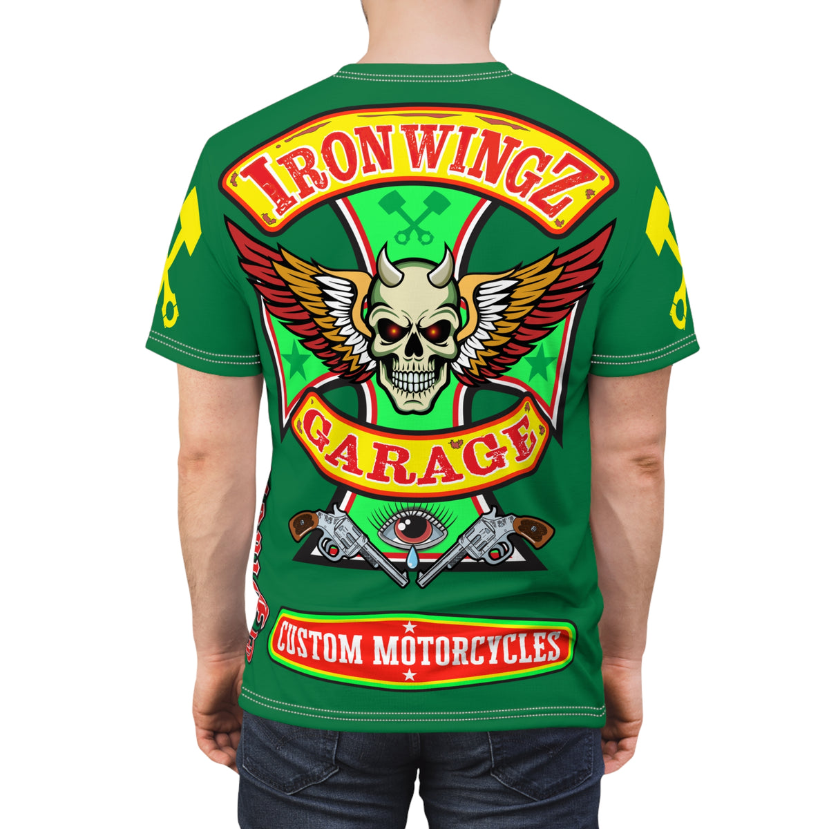 Iron Wingz Garage HiViz Tee, Vuntage Graphic Logo, Rockabilly Style Shirt for Bikers