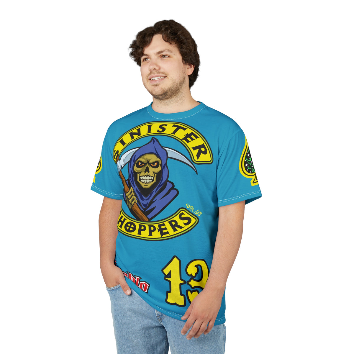Sinister Choppers Customs - Electric Blue HiViZ Motorcycle Reaper Super Tee - High Performance Riding Wear