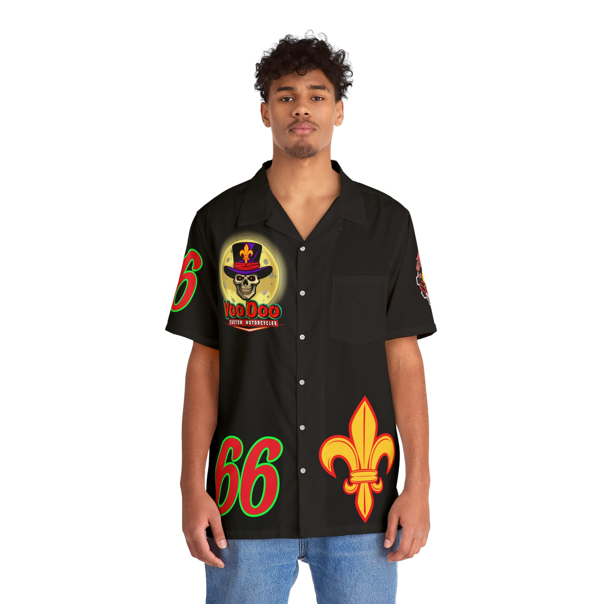 Big Bopper Voodoo Custom Motorcycles Hawaiian Shirt - Bold Skull & Fleur-de-lis Design - Outrageously Badass Design