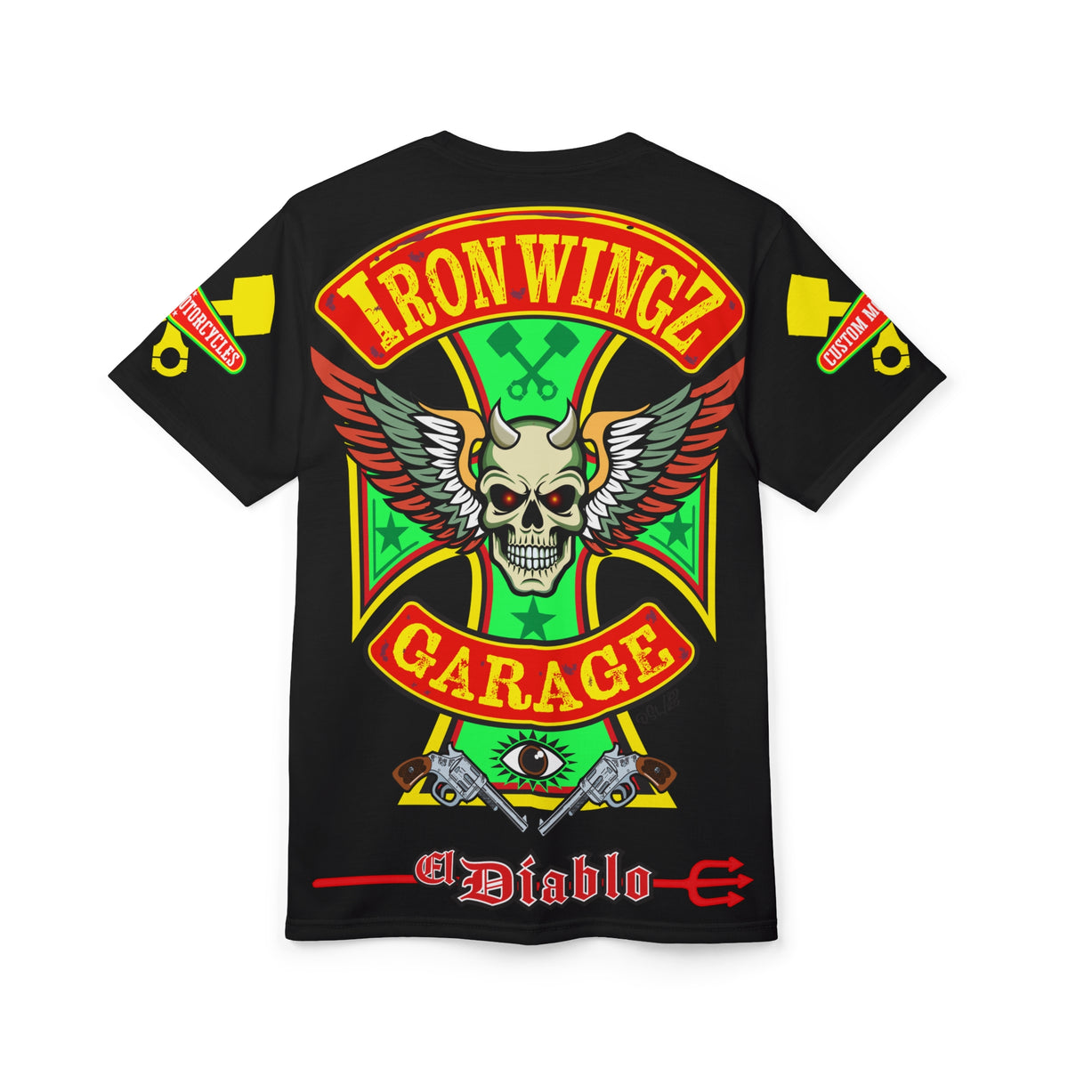 Iron Wingz Garage HiViz Tee, Vintage Graphic Logo, Rockabilly Style Shirt for Bikers