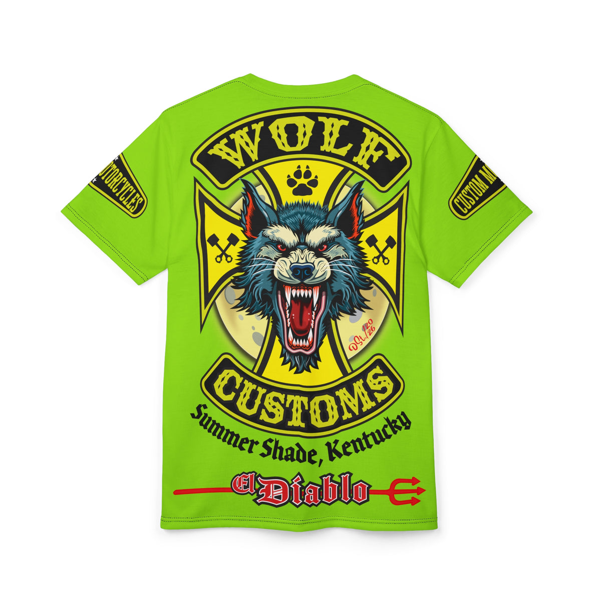 VERY SPECIAL MWT Wolf Customs HiViZ Lumina Green with XL Graphics Super Tee —  The Best Biker Riding Tee EVER !!!