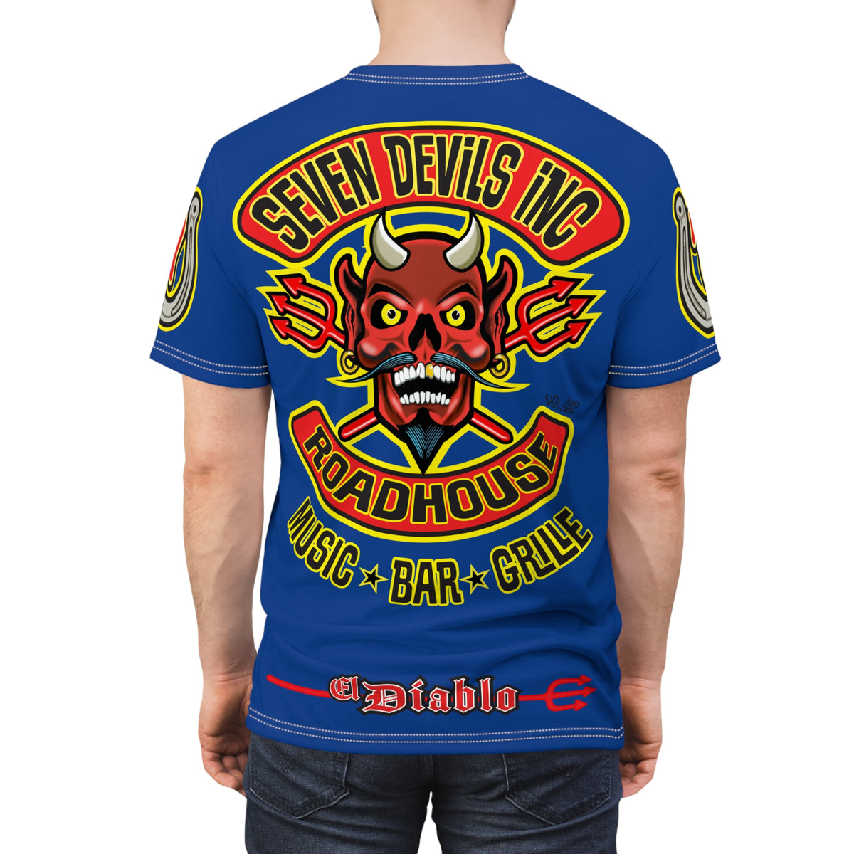 Seven Devils Inc. Roadhouse Electric Blue HiViz Design Super Tee, Edgy Biker Shirt, Special Motorcycle Riding Gear, Seven Devils Inc.