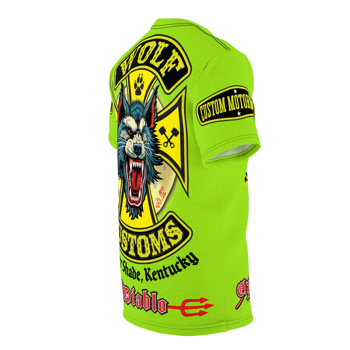 VERY SPECIAL MWT Wolf Customs HiViZ Lumina Green with XL Graphics Super Tee —  The Best Biker Riding Tee EVER !!!