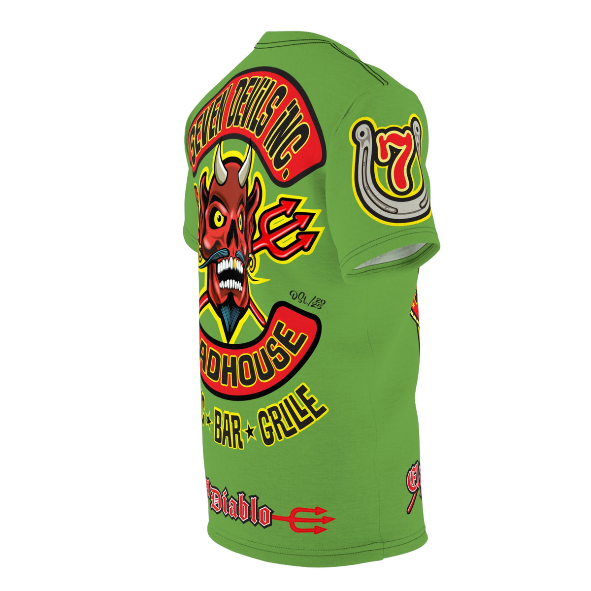 Seven Devils Inc. Roadhouse Electric Blue HiViz Design Super Tee, Edgy Biker Shirt, Special Motorcycle Riding Gear, Seven Devils Inc.
