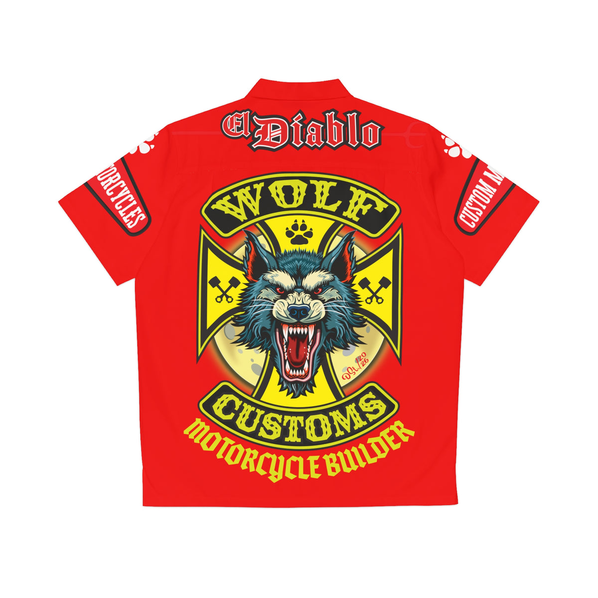 Big Bopper MWT Wolf Customs Motorcycle Hawaiian Shirt - Red "El Diablo" AOP