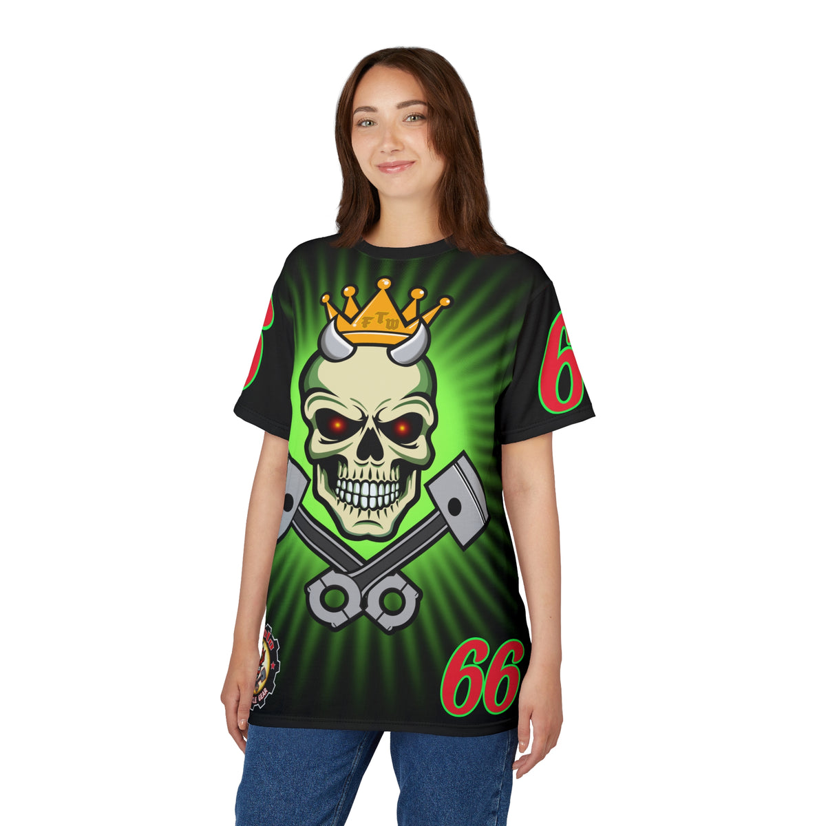 Speed Demon Night Rider with Lumina Green HiViZ Star Burst F& Back - Super Tee - Edgy Racing Skull Design
