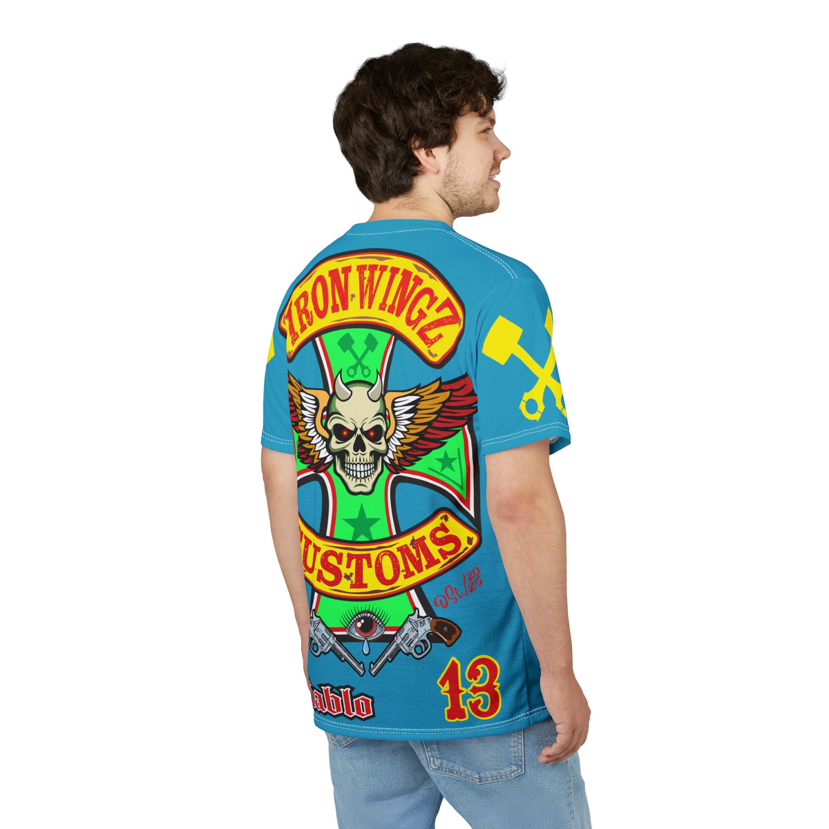 Iron WingZ Customs Electric Blue HIviz Graphic Super Tee, Edgy Streetwear, Customized Apparel, Gift for Bikers