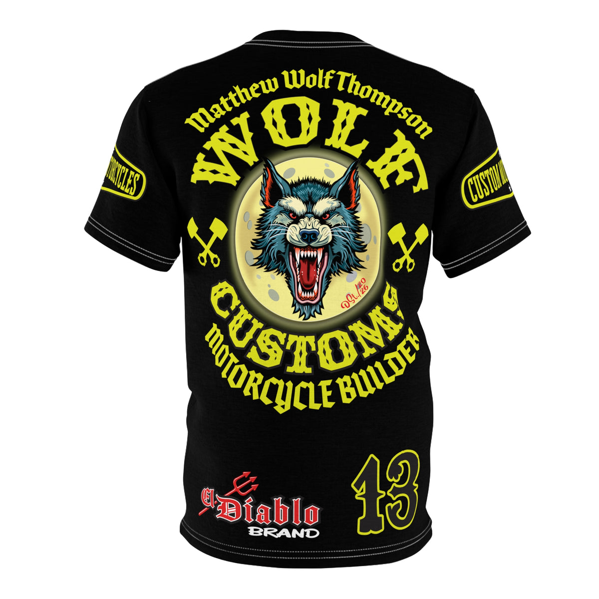 MWT Wolf Customs 13 Black with HiViZ Lumina Graphics -- Super Riding Tee — Retro Motorcycle Club Shirt, The Best Biker Riding Tee EVER !!!