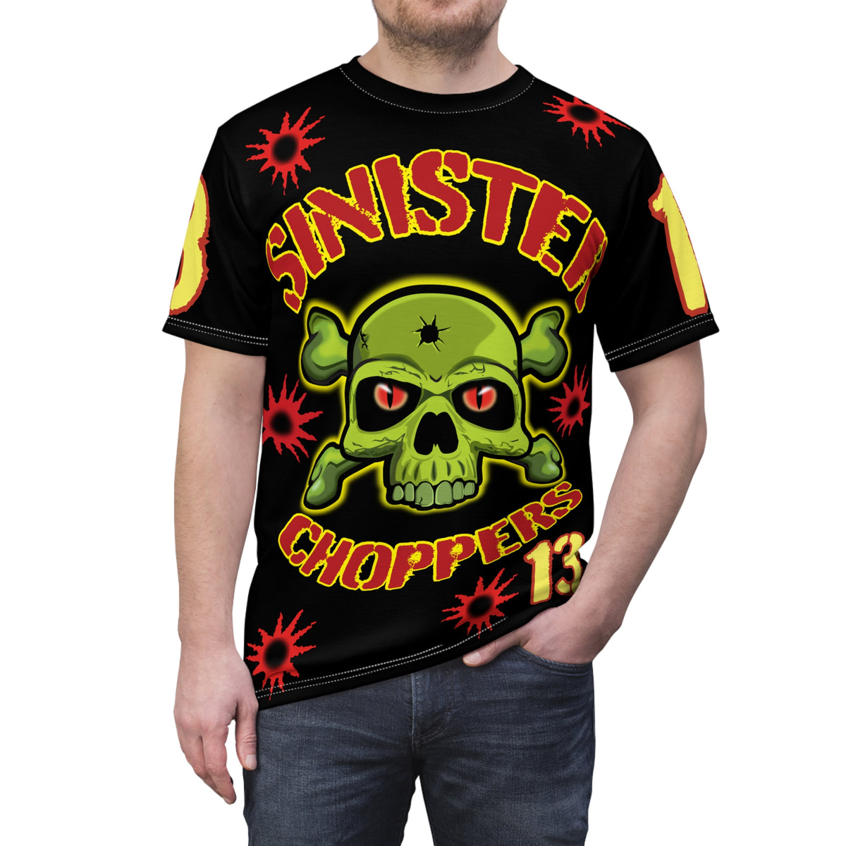 Sinister Choppers Special Edition WAR CUT - HiViZ Super Tee - Black Only - Bullet Hits - Stencil Cut Lettering - Hi colour Graphics - Evil Skulls