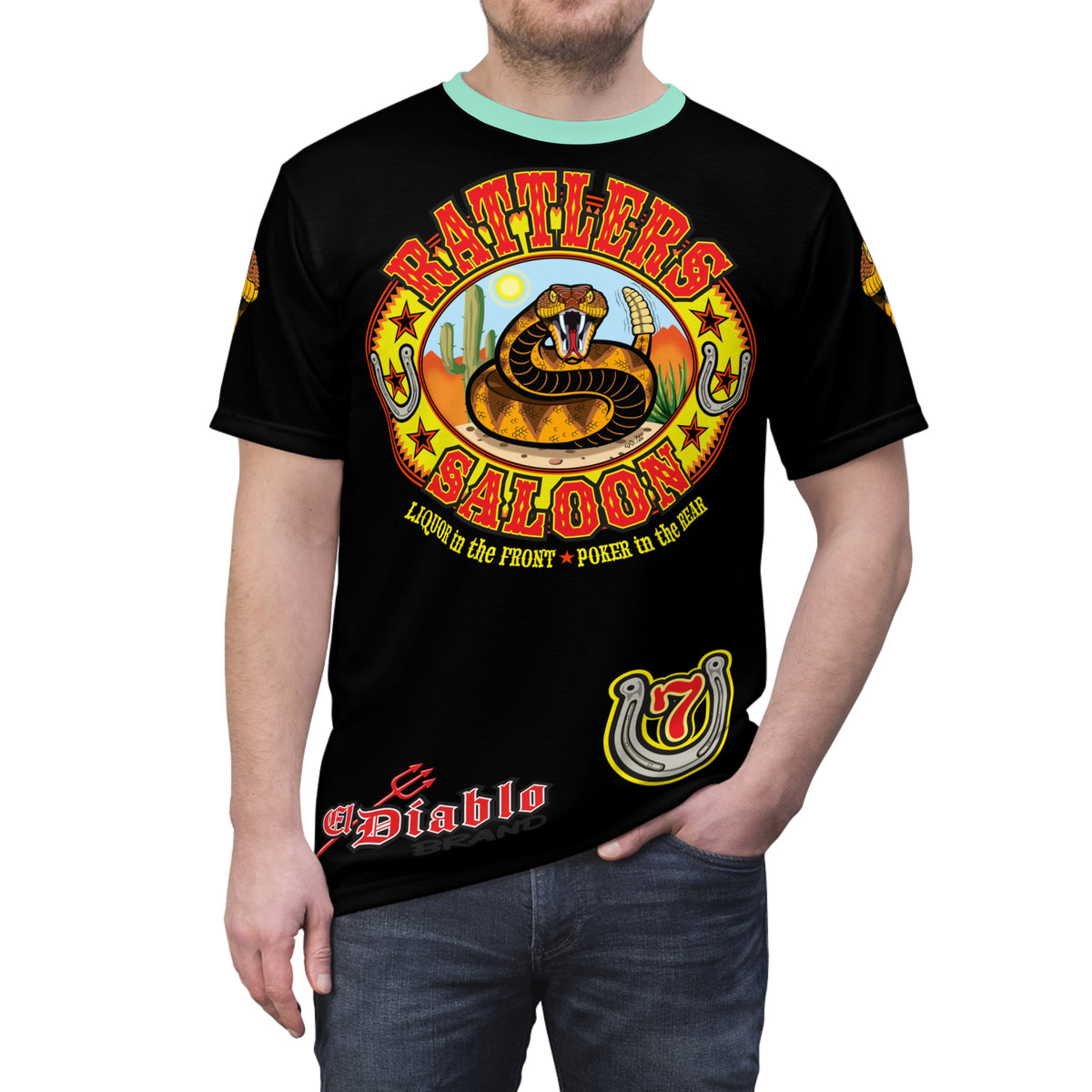 Rattlers Saloon  BADAZZ BLACK SUPER RIDING TEE — Vintage Biker LUCKY 7 Graphic Shirt