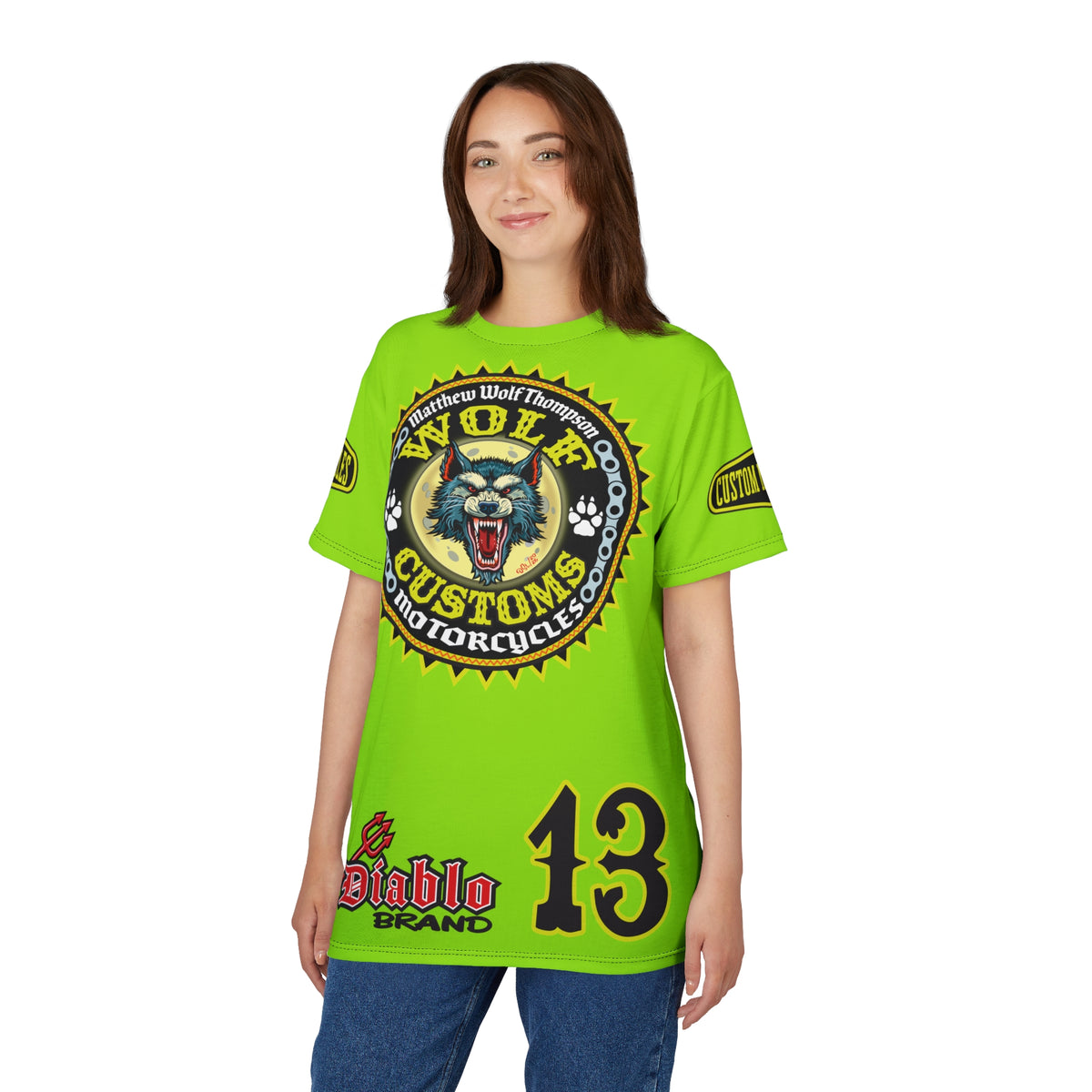 VERY SPECIAL MWT Wolf Customs HiViZ Lumina Green with XL Graphics Super Tee —  The Best Biker Riding Tee EVER !!!
