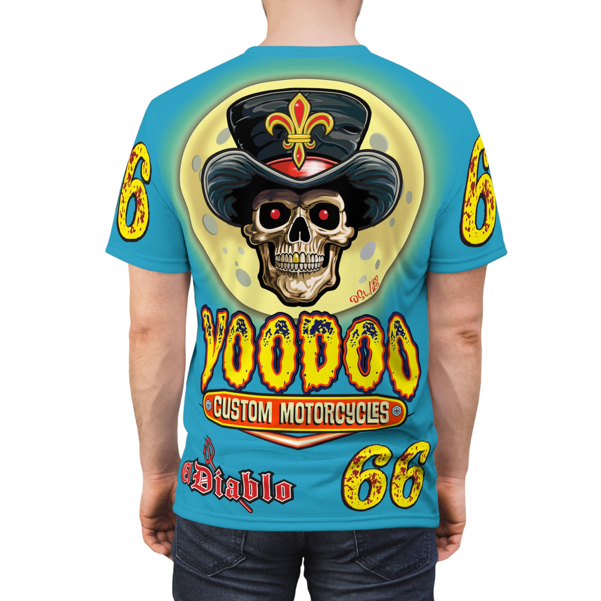Voodoo Custom Motorcycles Electric Blue Unisex HiViz Tee, Edgy Graphic Shirt, Motorcycle Apparel, Skull T-Shirt, Perfect for Bikers