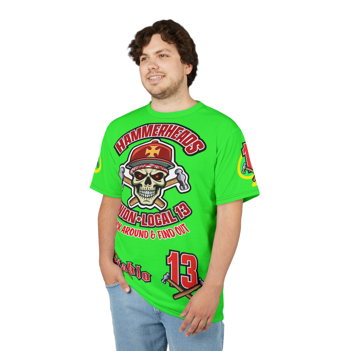 Very Special Hammerheads Union Local 13 - GIANT GRAPHICS !!!!!! - Custom HiViz Motorcycle Riding Tee Shirt _ Super Comfort and Fit