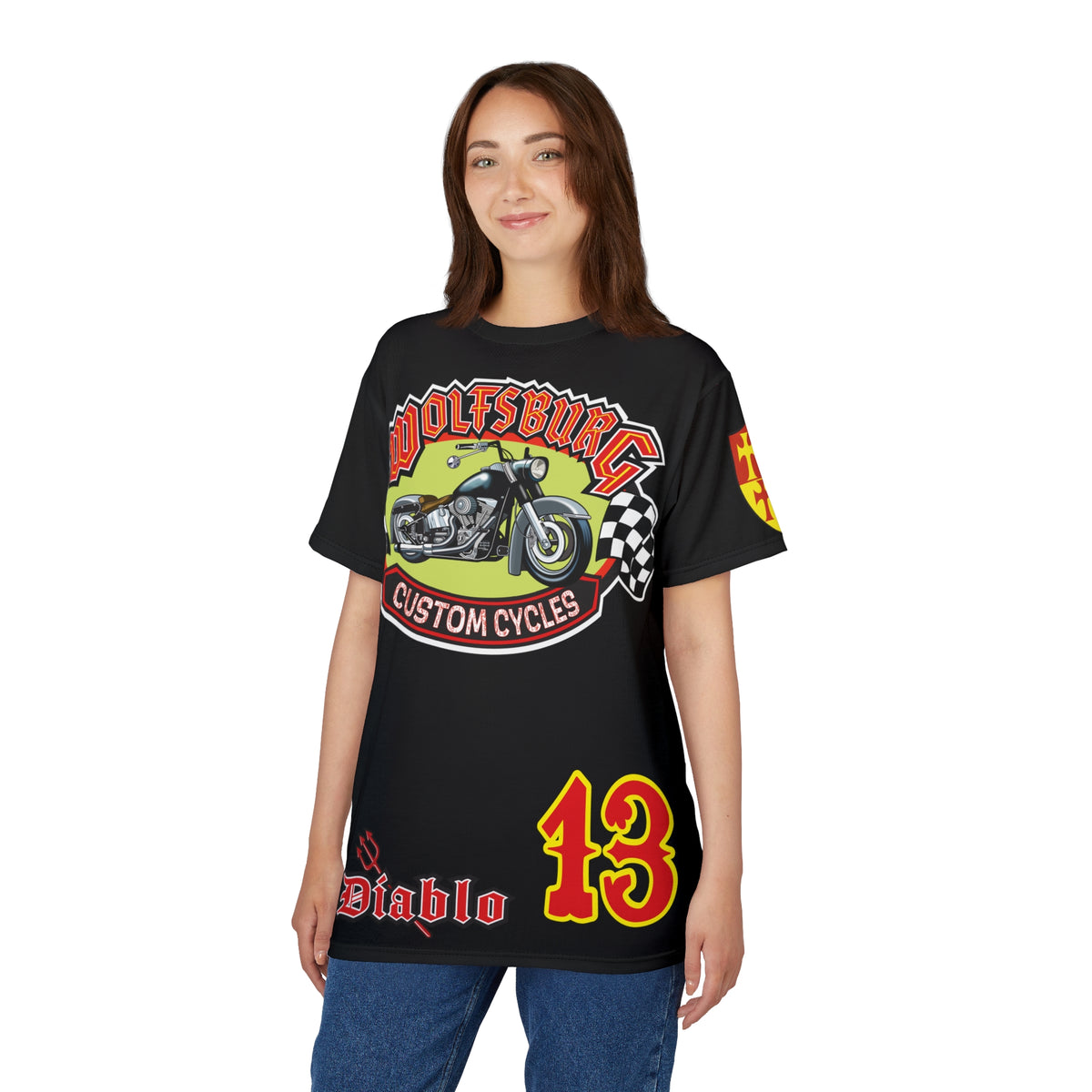 Wolfsburg Custom Cycles Super Tee - Edgy Biker Wear, Badass Gear with High Visibility Graphics