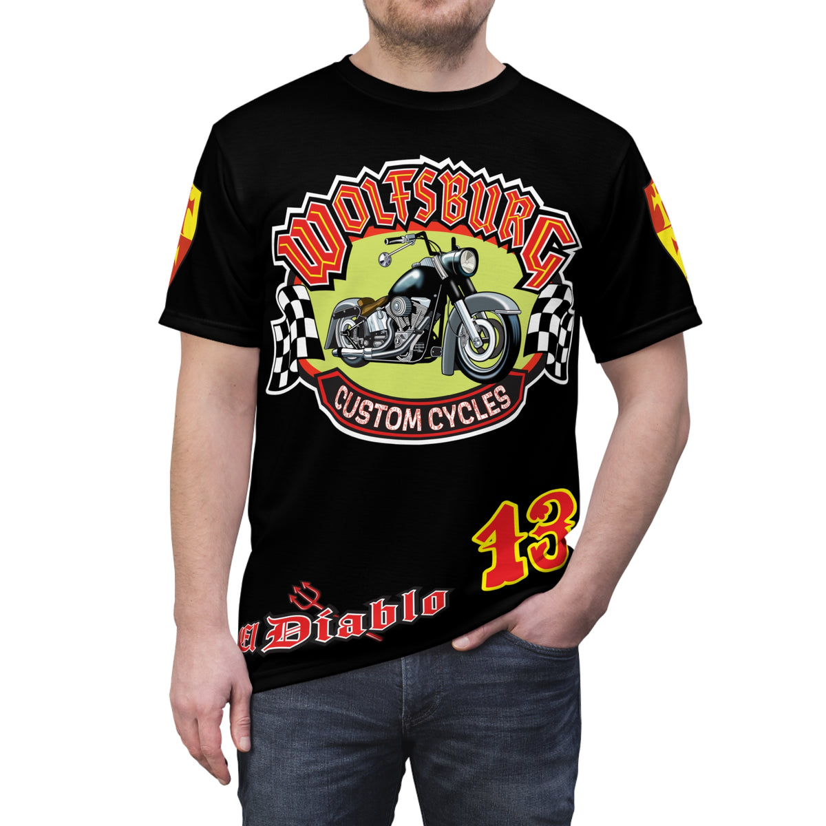 Wolfsburg Custom Cycles Super Tee - Edgy Biker Wear, Badass Gear with High Visibility Graphics