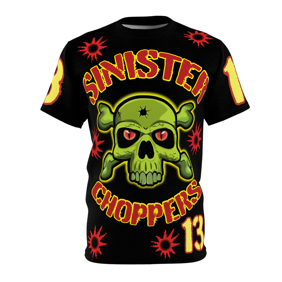 Sinister Choppers Special Edition WAR CUT - HiViZ Super Tee - Black Only - Bullet Hits - Stencil Cut Lettering - Hi colour Graphics - Evil Skulls