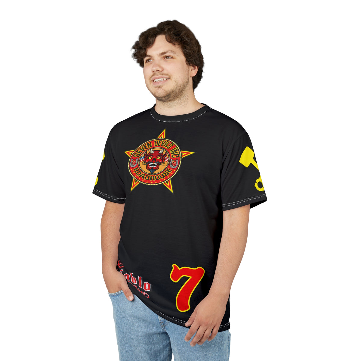 SRT Seven Devils Road House Custom Biker Riding Super Tee - Retro Devil Western Style Graphic Style