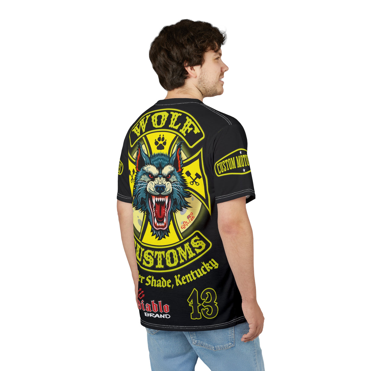 MWT Wolf Customs 13 Black with HiViZ Lumina Graphics -- Super Tee — Retro Motorcycle Club Shirt, The Best Biker Riding Tee EVER !!!