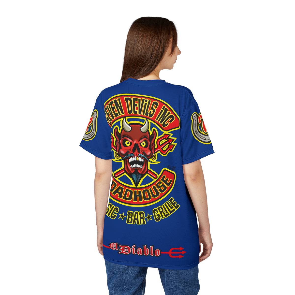 Seven Devils Inc. Roadhouse Electric Blue HiViz Design Super Tee, Edgy Biker Shirt, Special Motorcycle Riding Gear, Seven Devils Inc.