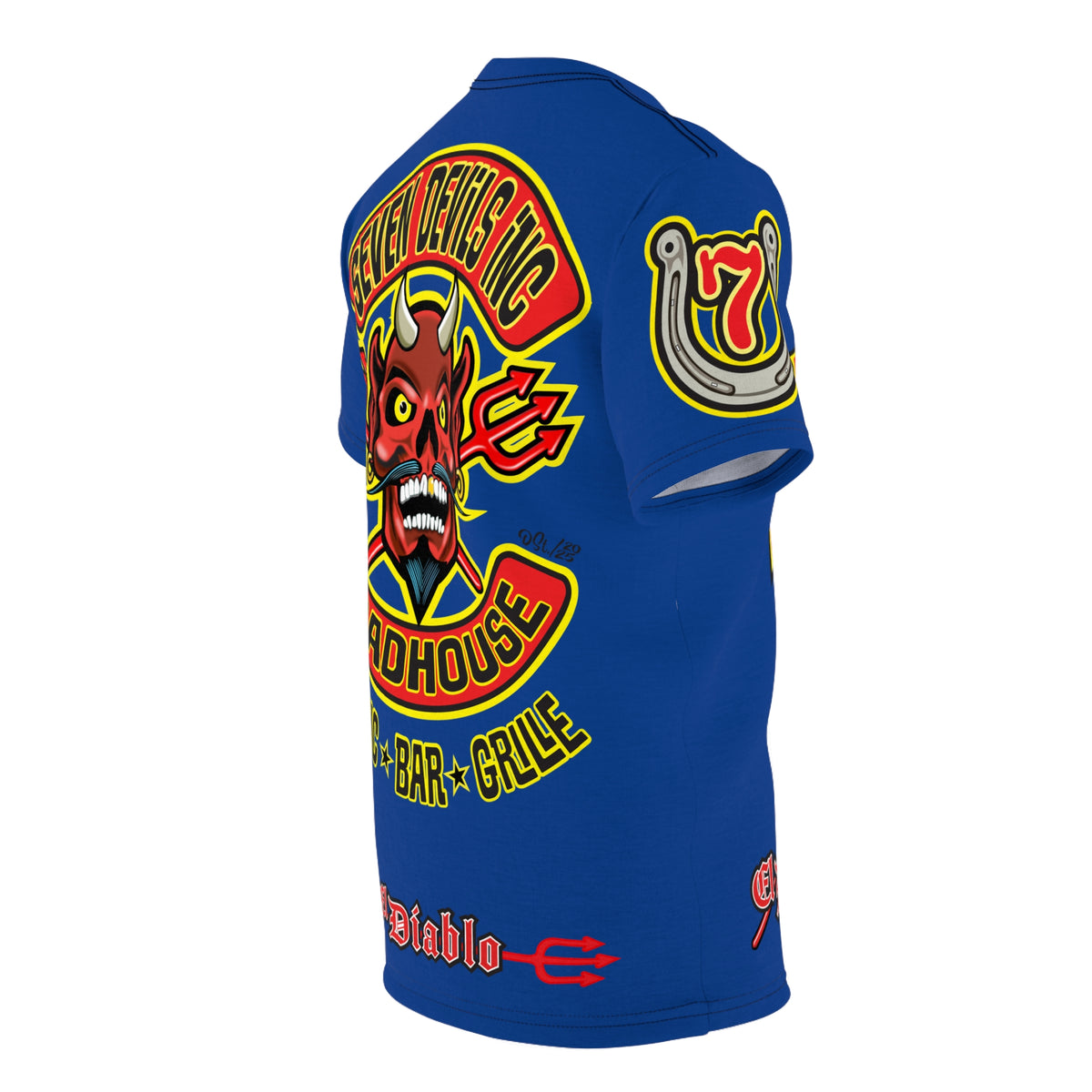 Seven Devils Inc. Roadhouse Electric Blue HiViz Design Super Tee, Edgy Biker Shirt, Special Motorcycle Riding Gear, Seven Devils Inc.