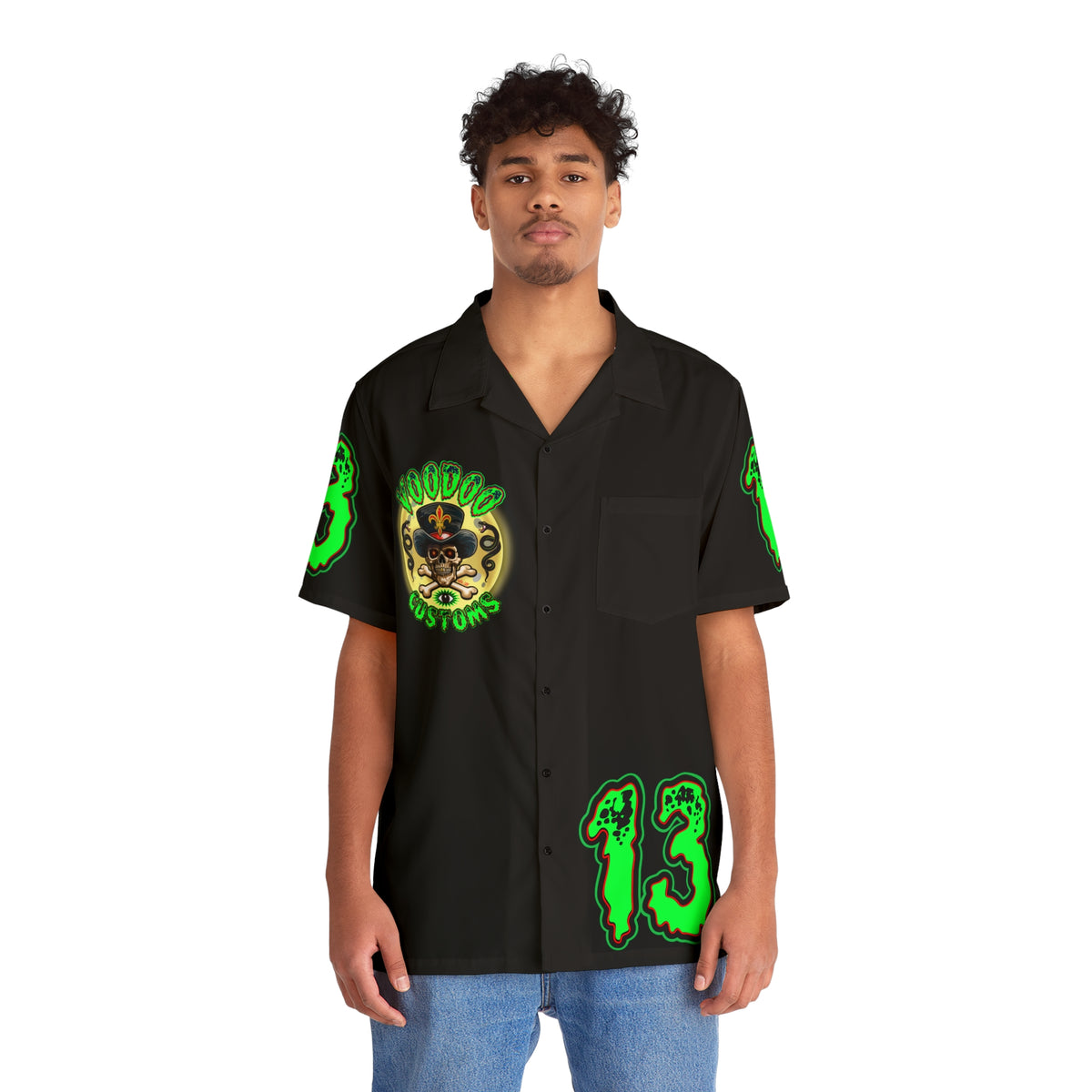 Big Bopper Voodoo Motorcycles HiViz Men's Hawaiian Shirt, Summer Biker Shirt, Motorcycle Apparel, Sizes to 5XL