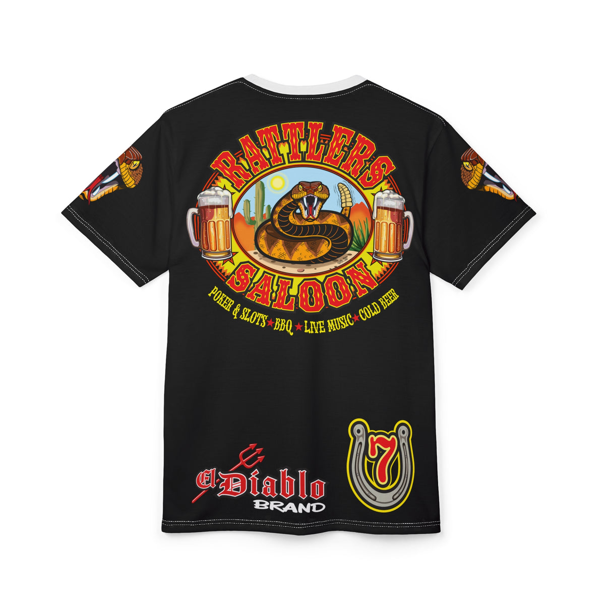 Rattlers Saloon  BADAZZ BLACK SUPER RIDING TEE — Vintage Biker LUCKY 7 Graphic Shirt