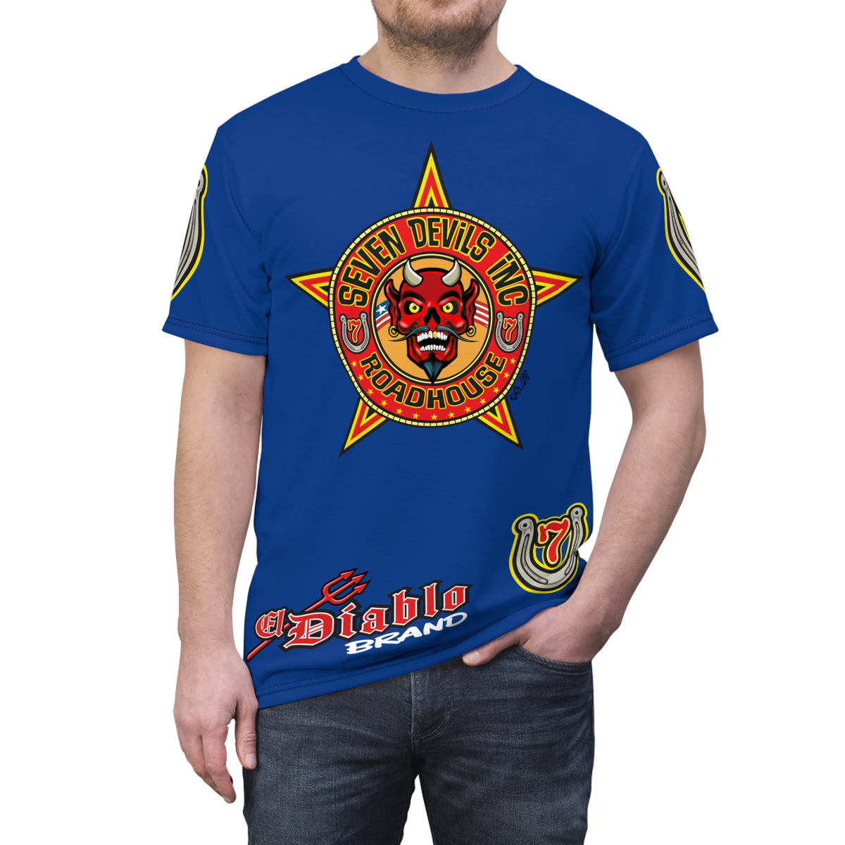 Seven Devils Inc. Roadhouse Electric Blue HiViz Design Super Tee, Edgy Biker Shirt, Special Motorcycle Riding Gear, Seven Devils Inc.
