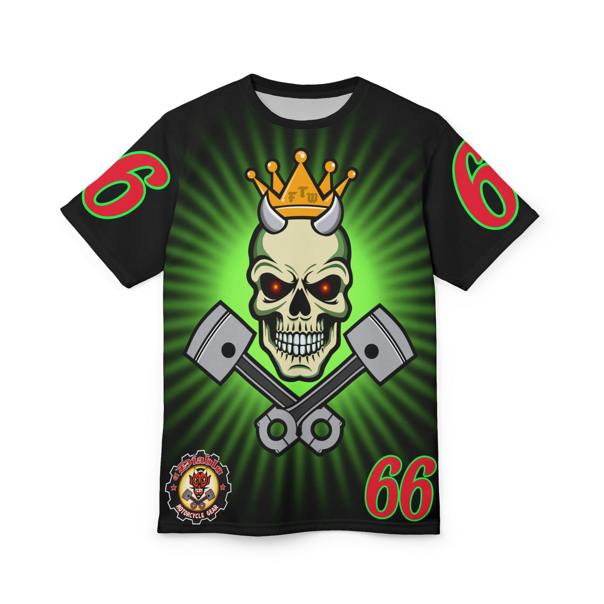 Speed Demon Night Rider with Lumina Green HiViZ Star Burst F& Back - Super Tee - Edgy Racing Skull Design