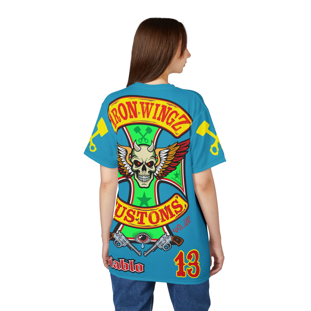Iron WingZ Customs Electric Blue HIviz Graphic Super Tee, Edgy Streetwear, Customized Apparel, Gift for Bikers