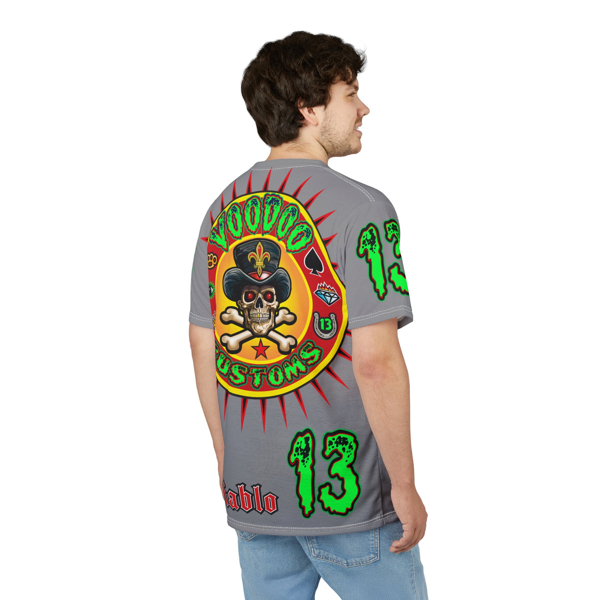 Voodoo Lucky 13 Motorcycles HiViz Grey Ghost Super Tee, Unique Graphic Tee, Custom Riding Apparel