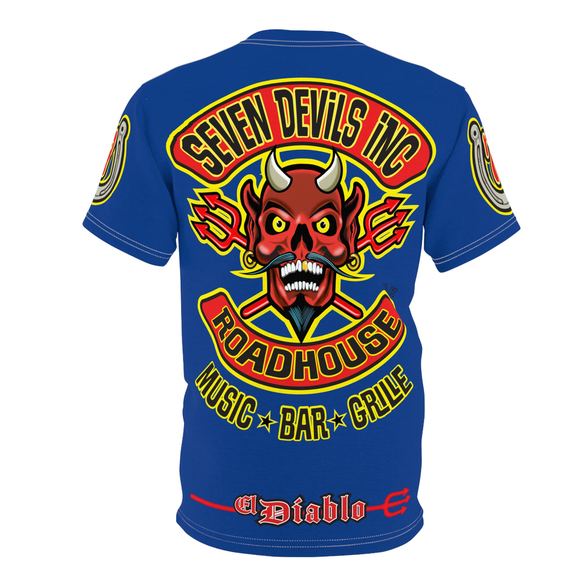Seven Devils Inc. Roadhouse Electric Blue HiViz Design Super Tee, Edgy Biker Shirt, Special Motorcycle Riding Gear, Seven Devils Inc.