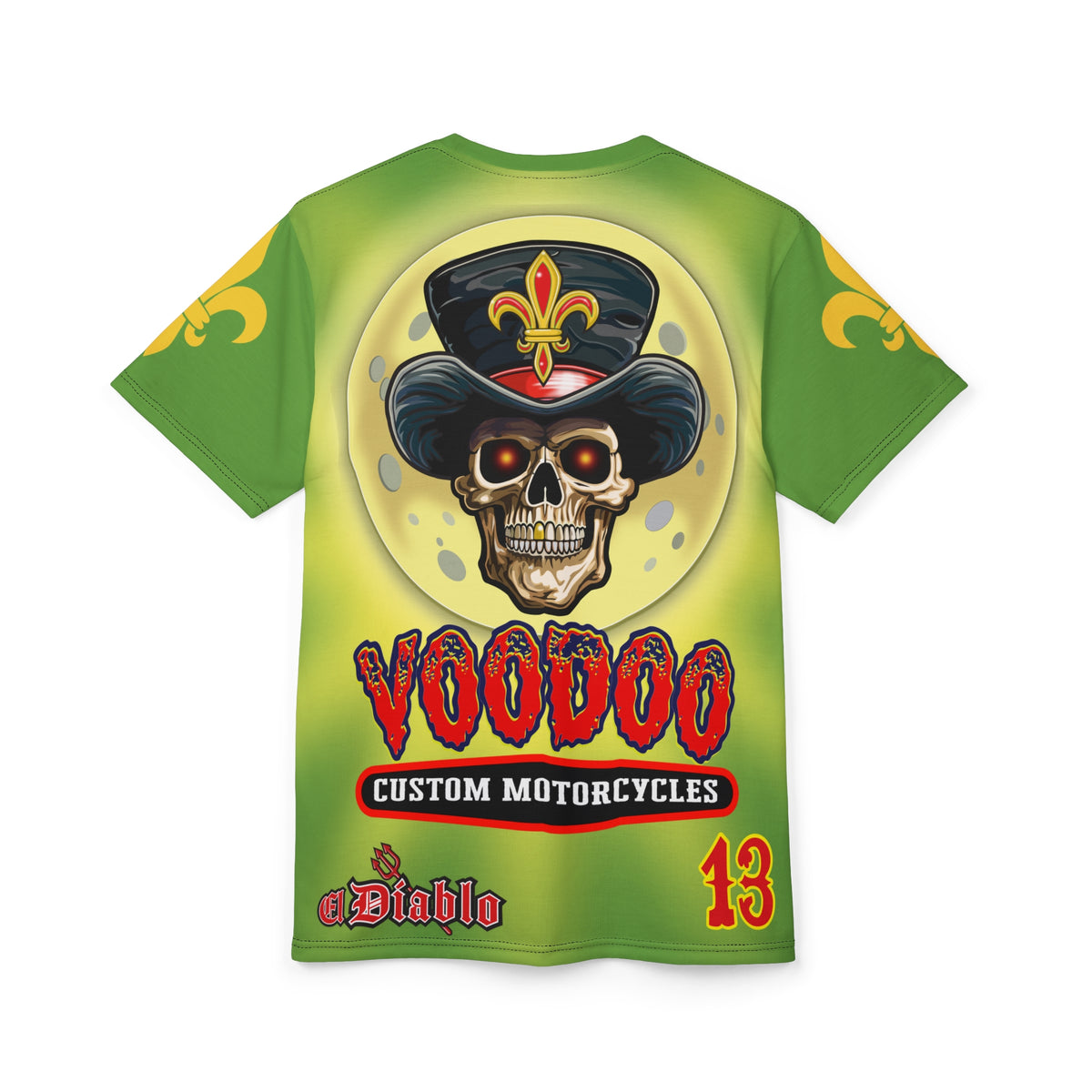 Voodoo Custom Motorcycles Unisex Tee - Edgy Tie Dye Skull Design for Bikers
