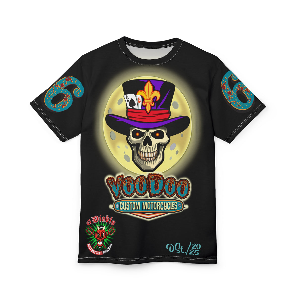 Voodoo Custom Motorcycles Ragin' Cajun Super Tee - Edgy Skull Design for Motorcycle Enthusiasts