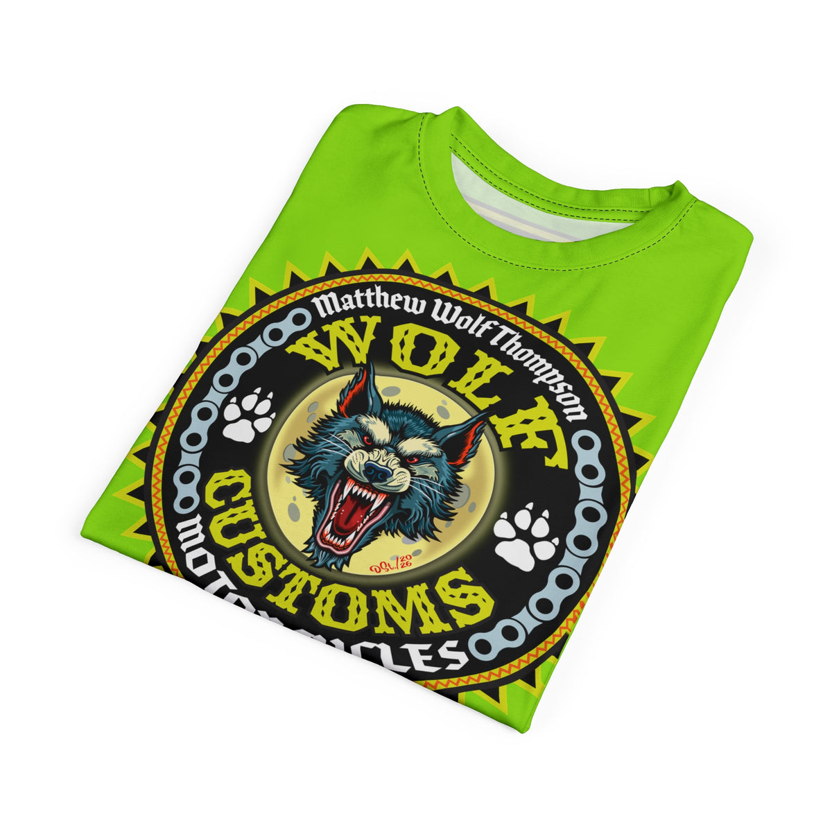 VERY SPECIAL MWT Wolf Customs HiViZ Lumina Green with XL Graphics Super Tee —  The Best Biker Riding Tee EVER !!!