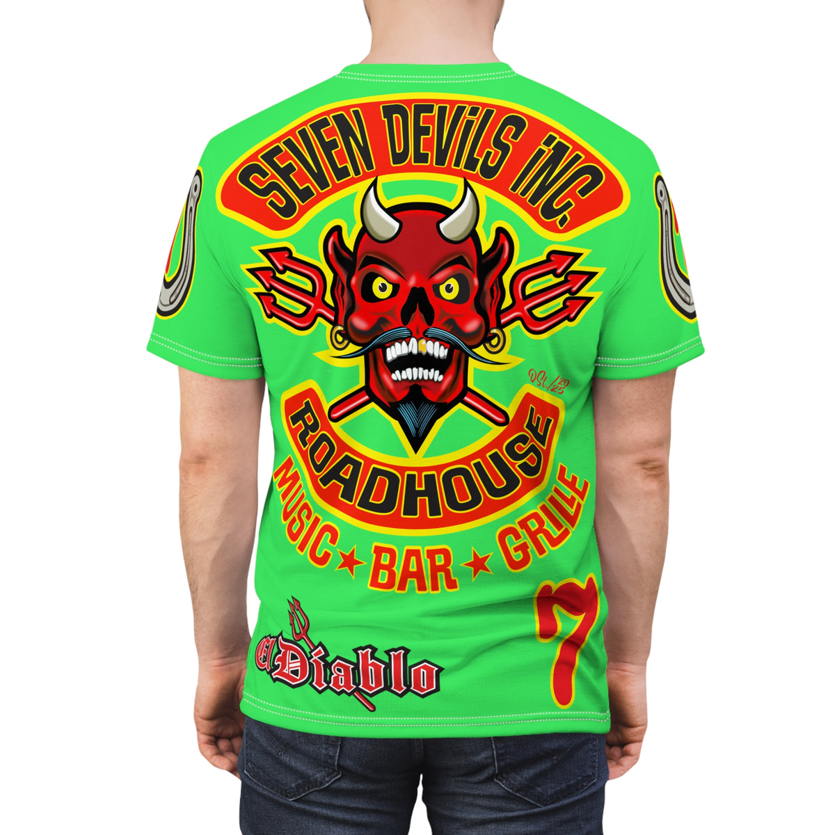 Very Special Seven Devils Inc. Roadhouse HiViZ Graphic Tee - Custom Motorcycle Riding Super Tee, Edgy Streetwear Perfect Fit & Comfort Biker Wear