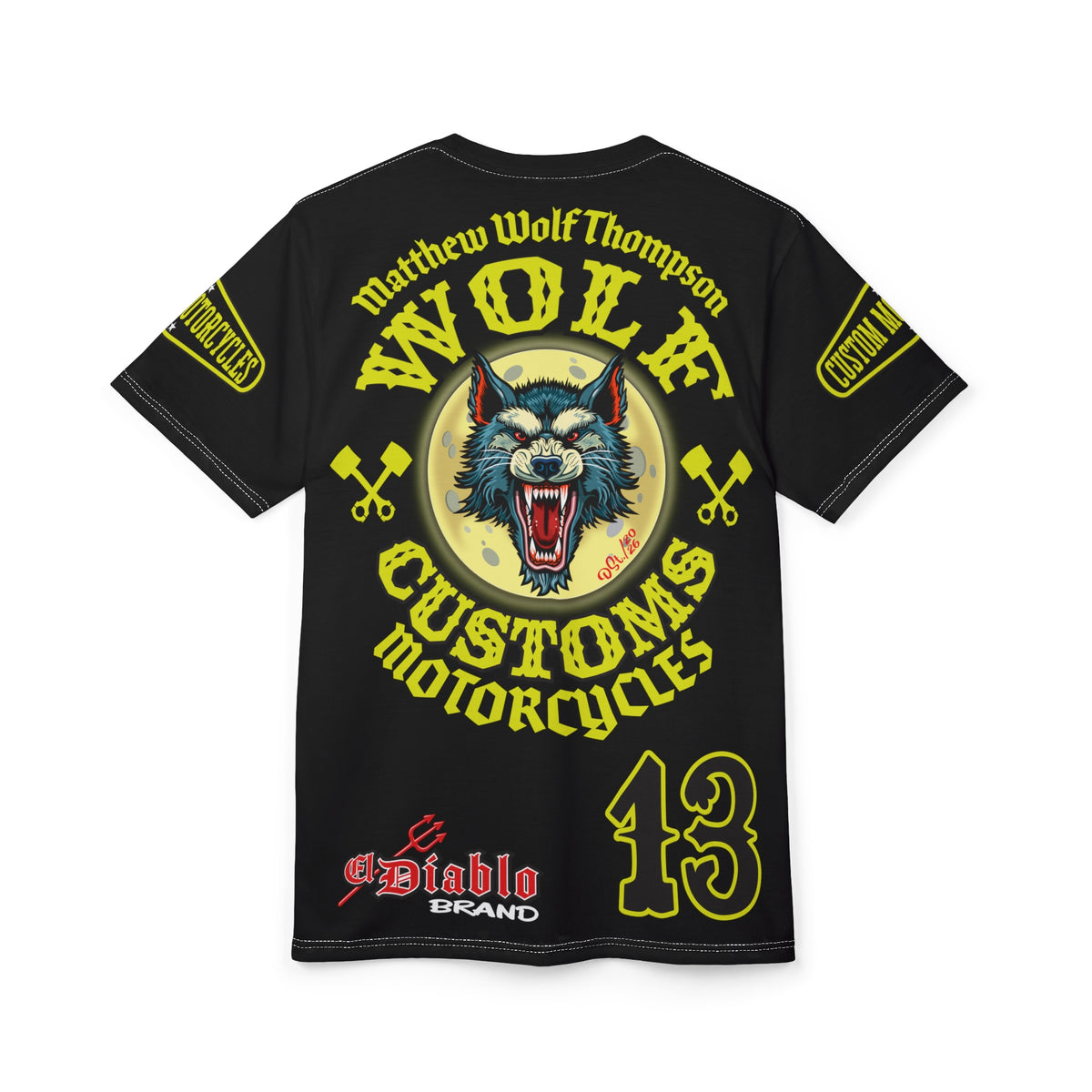 SRT MWT Wolf Customs 13 Black & Lumina Graphics -- Super Riding Tee — Retro Motorcycle Club Shirt, The Best Biker Riding Tee EVER !!!