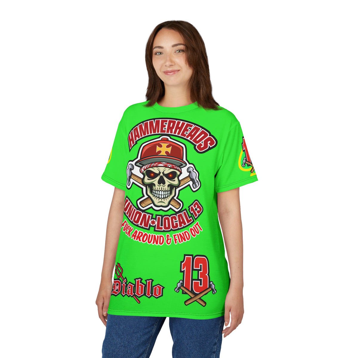 Very Special Hammerheads Union Local 13 - GIANT GRAPHICS !!!!!! - Custom HiViz Motorcycle Riding Tee Shirt _ Super Comfort and Fit